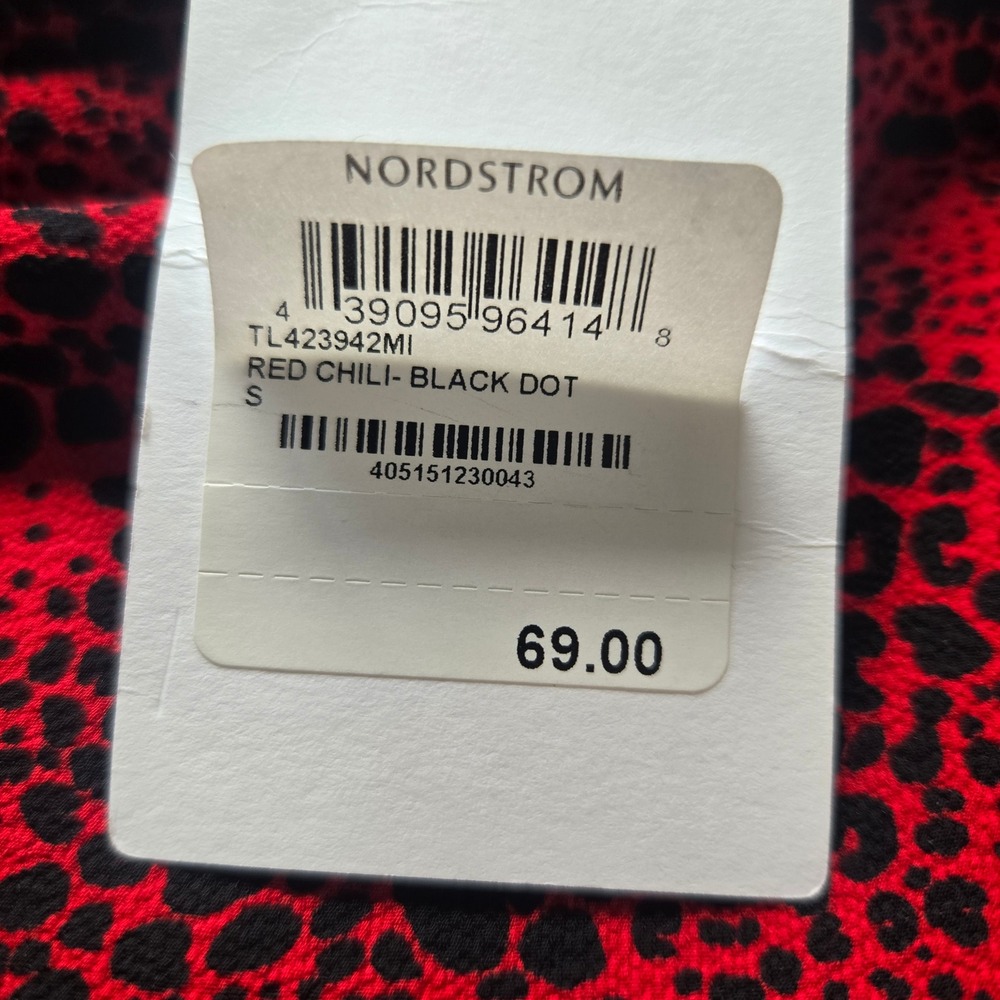 Nordstrom Leith Red Chili Black Dot Dress Smocked Dress Animal Print S Slit NEW - Picture 6 of 11